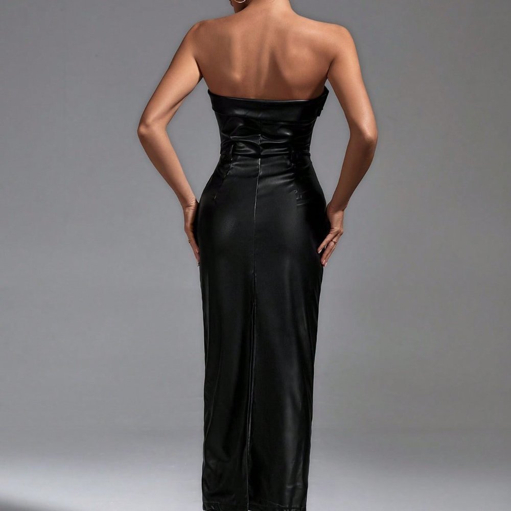 Black Preppy Womens Solid PU Tube Dress - Picture 2 of 6